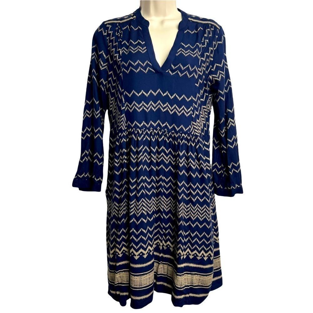 Holding Horses Anthropologie Navy and tan graphic print long sleeve dress